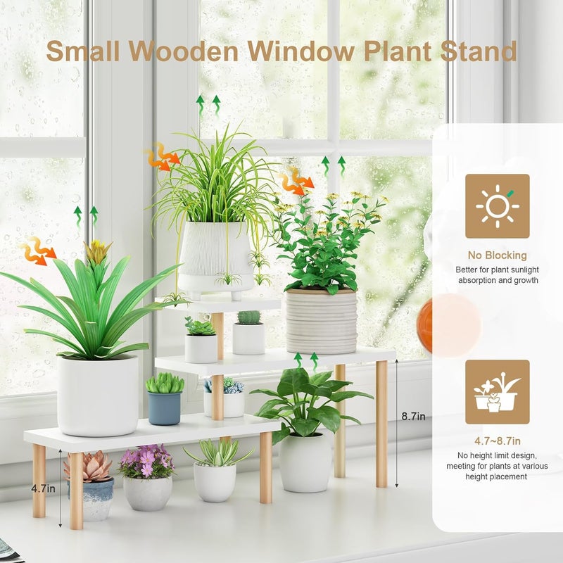 OcBuct Small Plant Stand Shelf ,3 Tiers Wood Long Desktop Flower Pot Holder Racks for Window Sill,Table ,Countertop Organizer Display Stand Shelves (Angle Adjustable,White) - Image 4